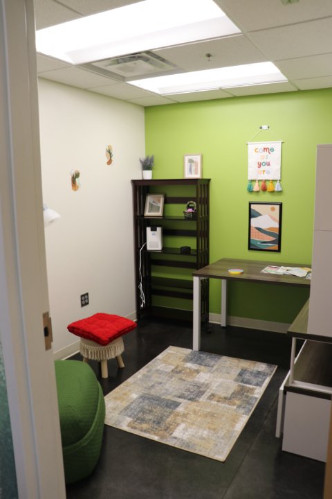 A small, cozy room with a green accent wall and minimalist decor, including a small desk, bookshelf, and a red cushioned stool. The wall features a 'Come as you are' banner, framed art, and potted plants. A soft area rug adds warmth to the dark floor.